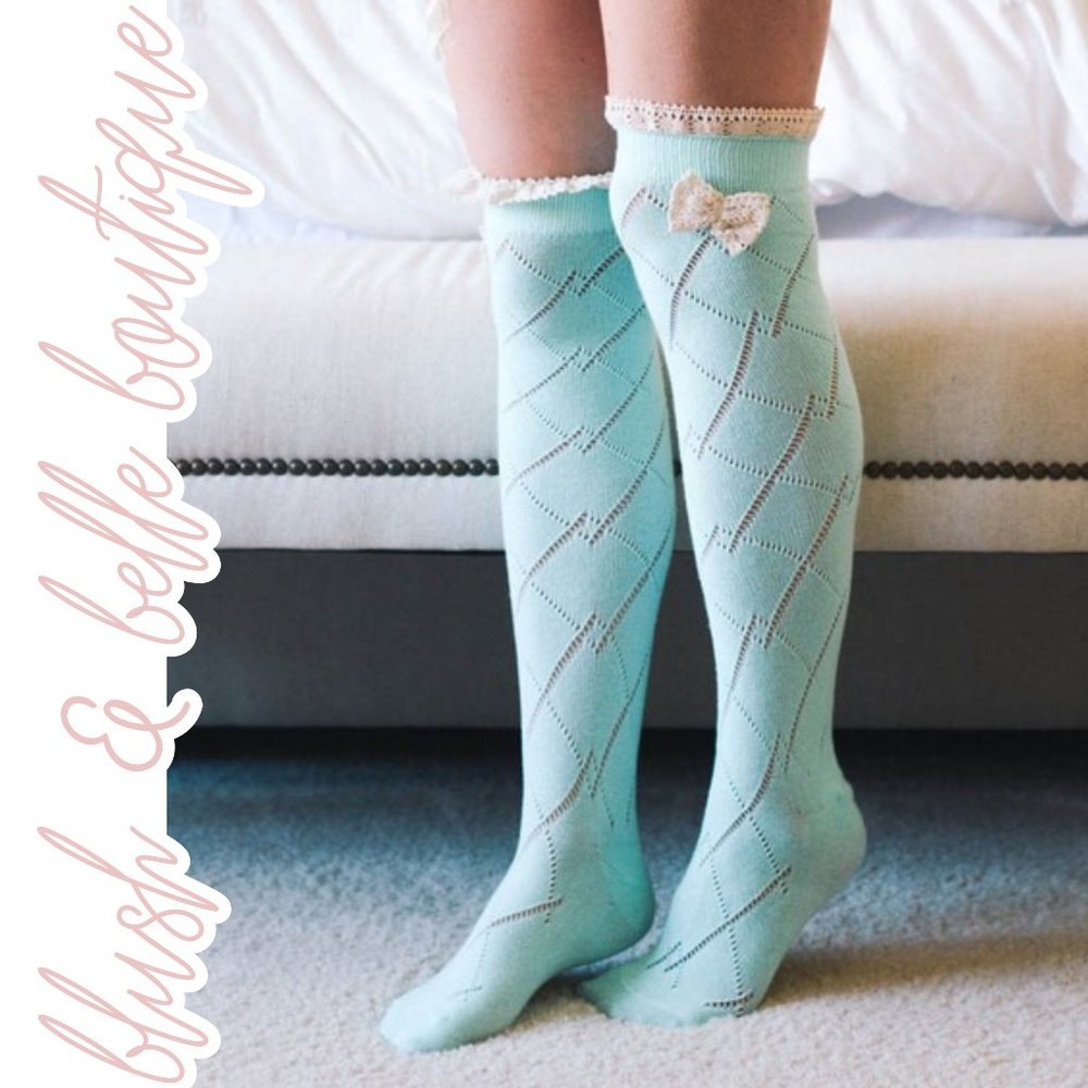 Knee High Lace Trim Bow Socks MINT